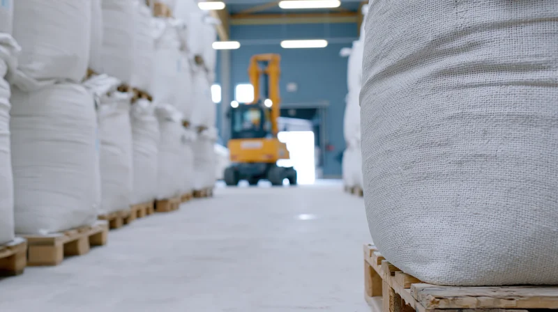 Large white bulk bags stacked on wooden pallets in a warehouse with a forklift in the background