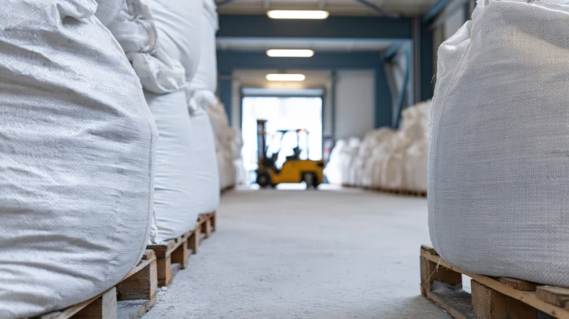 Large white bulk bags stacked on wooden pallets lining both sides of a warehouse aisle with a forklift in the distance