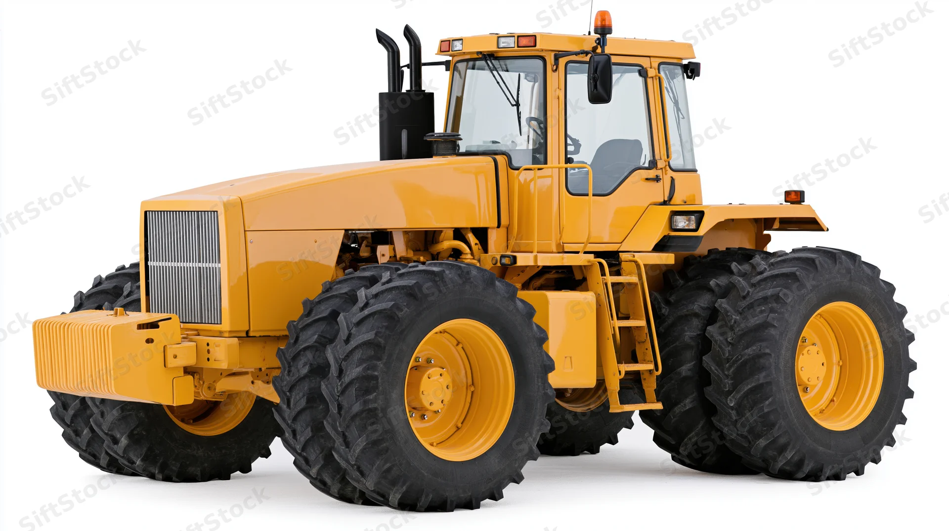 Large yellow agricultural tractor with dual rear wheels and enclosed cabin on white background