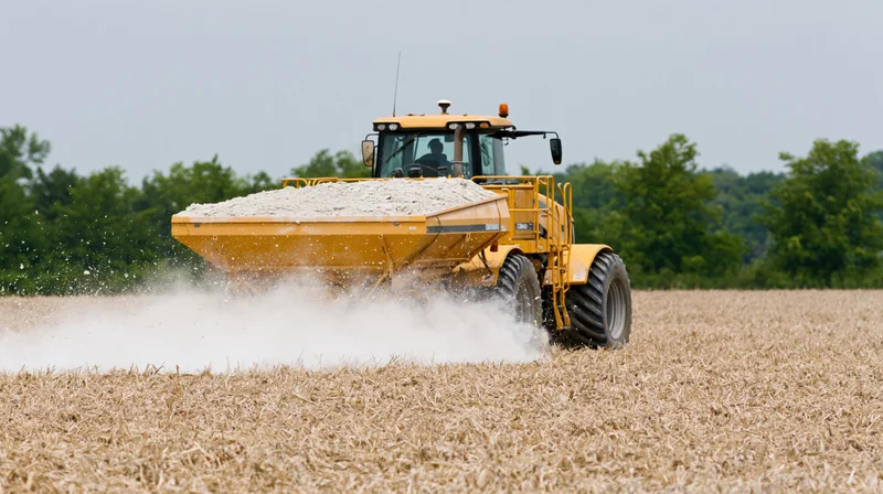 Yellow self-propelled lime spreader moving through a harvested field, dispersing lime onto soil