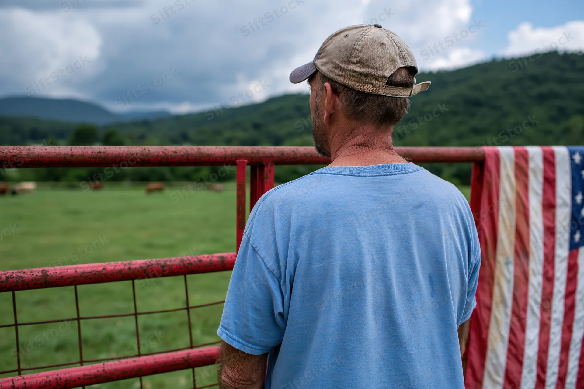 Man in baseball cap and blue tshirt standing at red fence overlooking green pasture with cattle and mountains in background, american flag draped beside him
