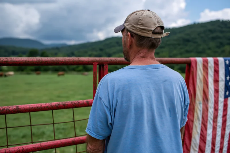 Man in baseball cap and blue tshirt standing at red fence overlooking green pasture with cattle and mountains in background, american flag draped beside him