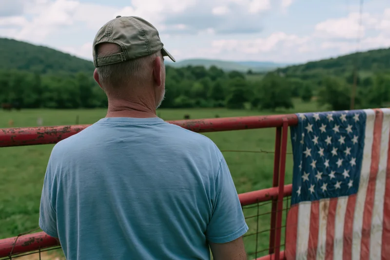 Man in baseball cap and blue tshirt standing at rusted red fence overlooking green fields and hills with american flag draped beside him