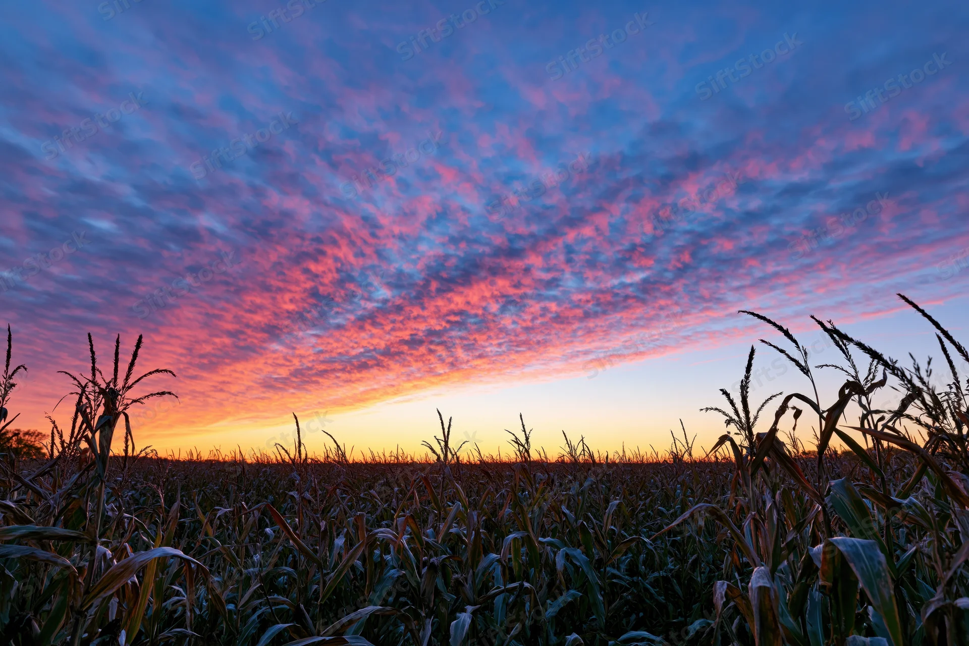 Mature cornfield silhouetted against a vibrant sunset sky at twilight