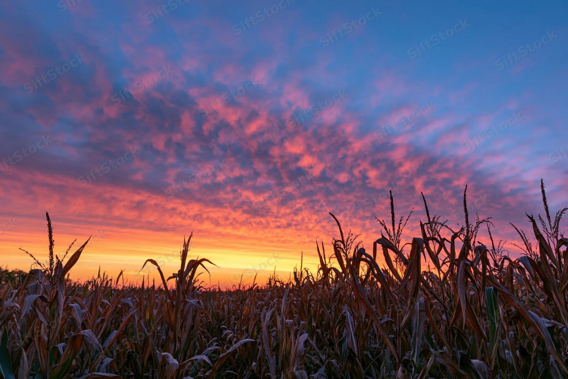 Mature cornfield silhouetted against a dramatic sunset sky at twilight