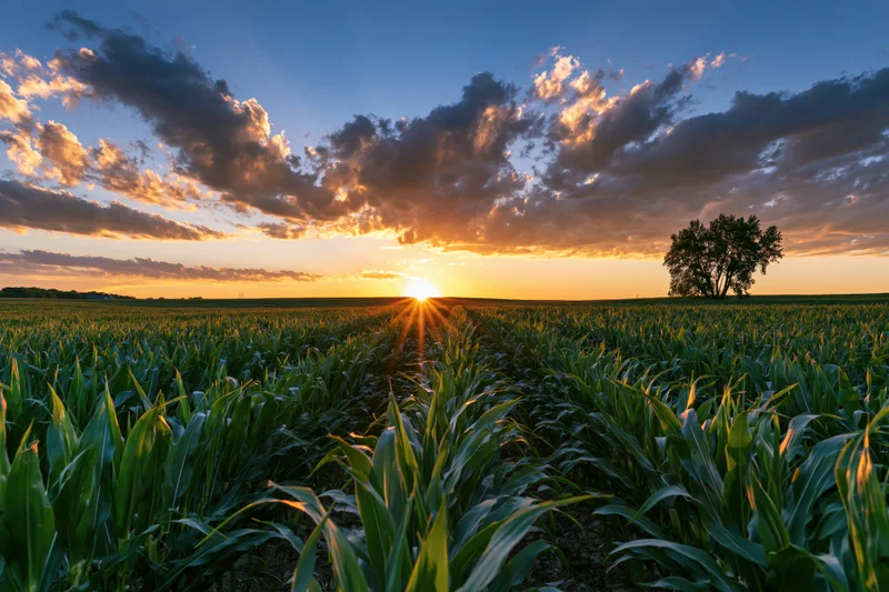 Cornfield at sunset with sun low on horizon and scattered clouds above, rows of green maize stretching into rural landscape