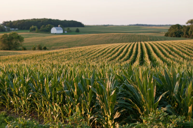 Rows of corn growing in a midwestern field at sunset with a white barn in the distance