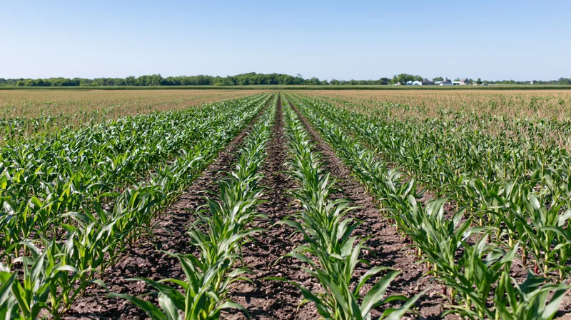 Rows of young corn plants growing in a midwestern field under a clear blue sky