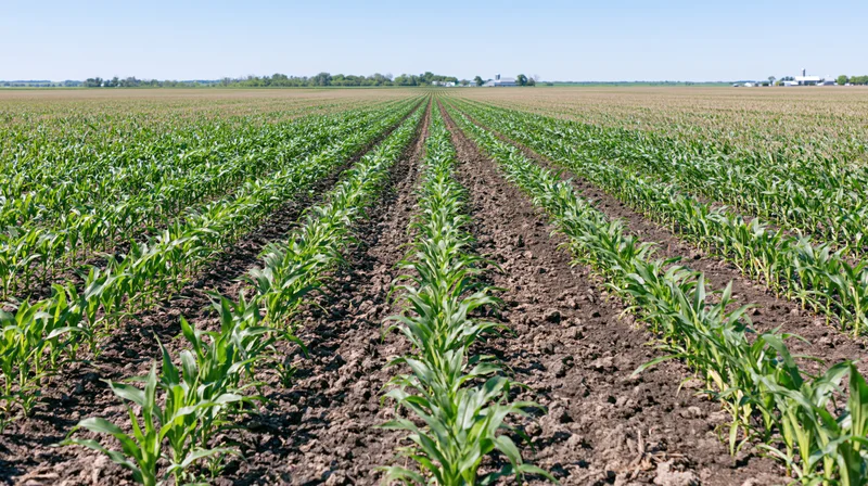 Rows of young corn plants growing in a midwestern field under a clear blue sky