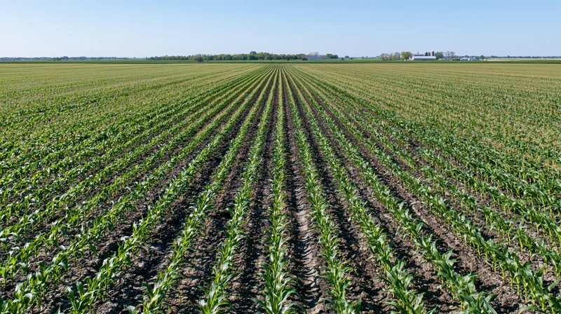 Rows of young corn plants growing in a midwestern field under a clear blue sky