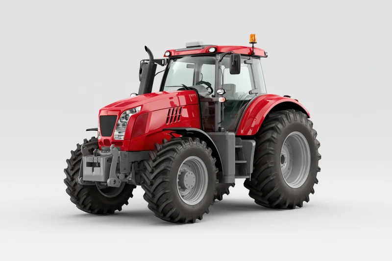 Modern red agricultural tractor parked stationary at standstill
