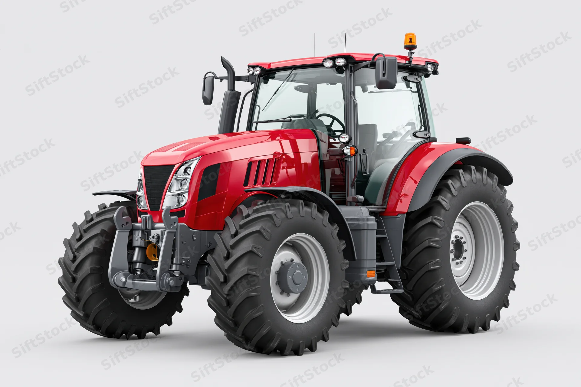 Red agricultural tractor parked stationary viewed from front side angle on plain background