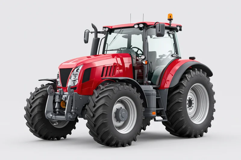 Red agricultural tractor parked stationary viewed from front side angle on plain background