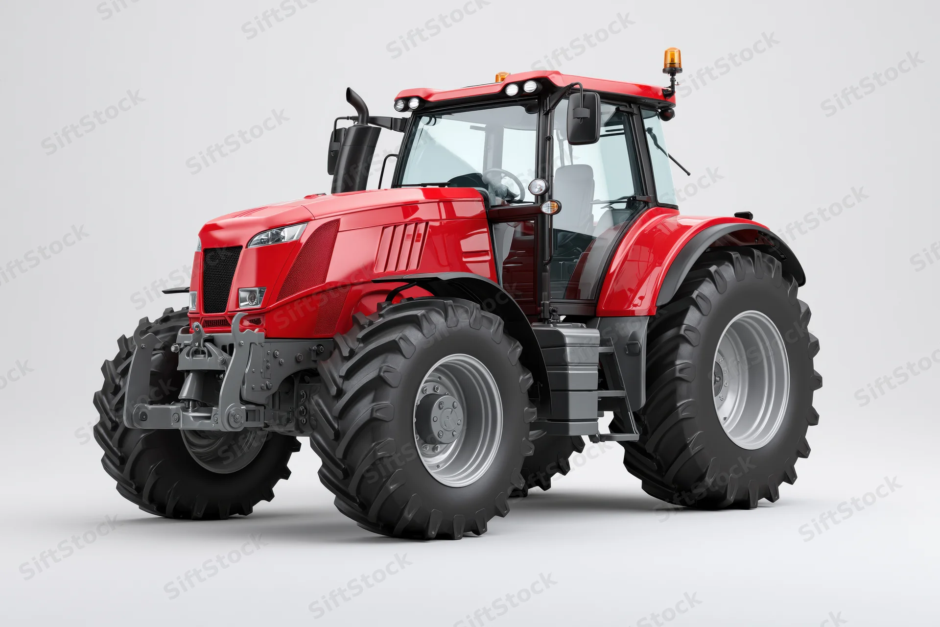 Red agricultural tractor parked stationary in studio view showing front and side with cab and large tires
