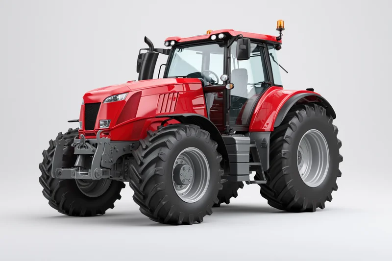 Red agricultural tractor parked stationary in studio view showing front and side with cab and large tires