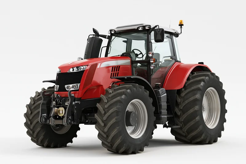 Modern red agricultural tractor with enclosed glass cab viewed from front side on white background