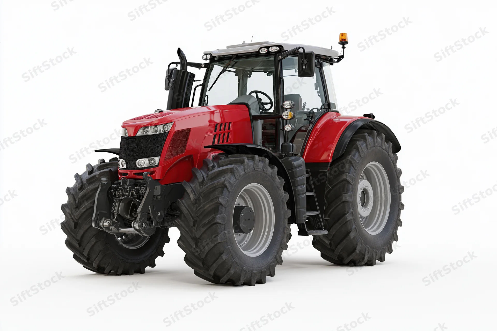 Modern red agricultural tractor with enclosed glass cab parked on white background