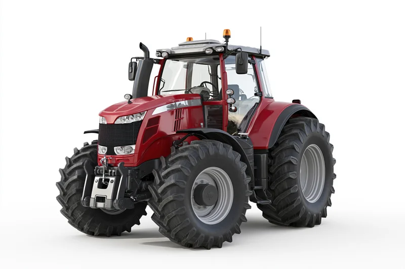 Modern red agricultural tractor with enclosed glass cab on white background