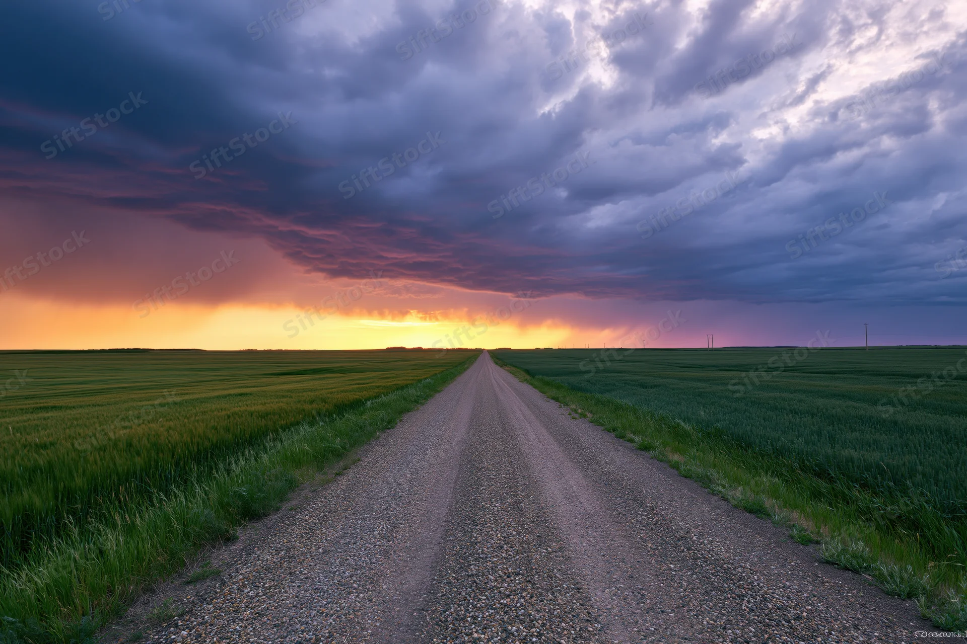 Narrow gravel road stretching straight through green fields toward stormy sunset horizon