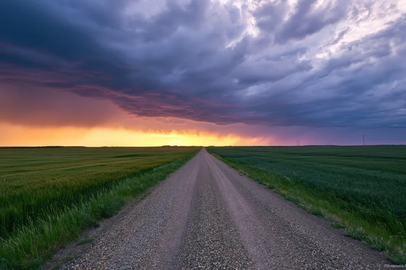 Narrow gravel road stretching straight through green fields toward stormy sunset horizon