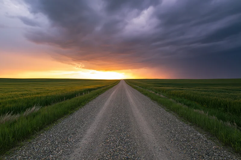 Straight gravel road stretching toward the horizon through green fields at sunset