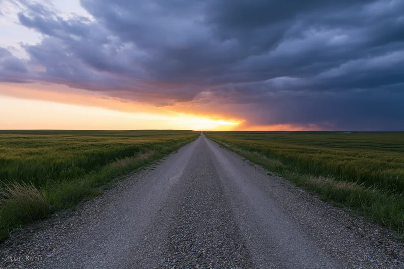 Narrow gravel road stretching straight toward the horizon at sunset over a grassy field