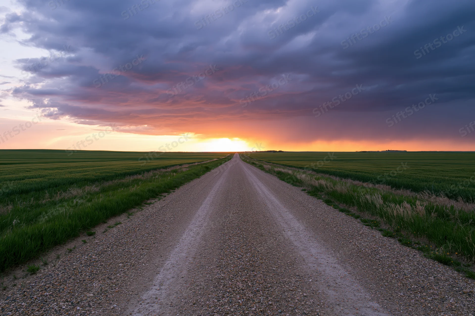 Narrow gravel road stretching straight toward the horizon at sunset over green fields