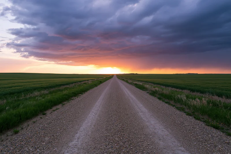 Narrow gravel road stretching straight toward the horizon at sunset over green fields