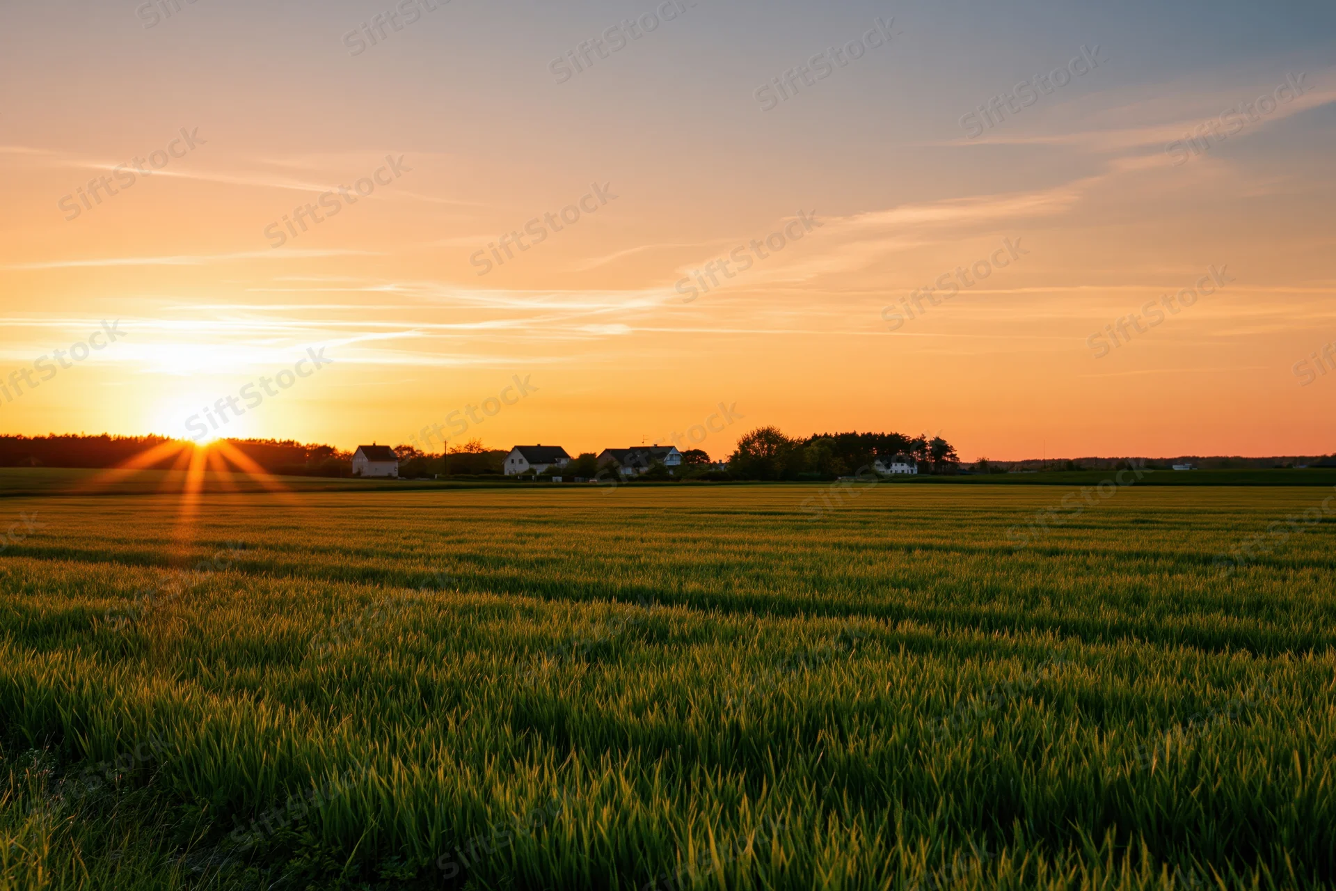 Open green crop field stretching to the horizon at golden hour