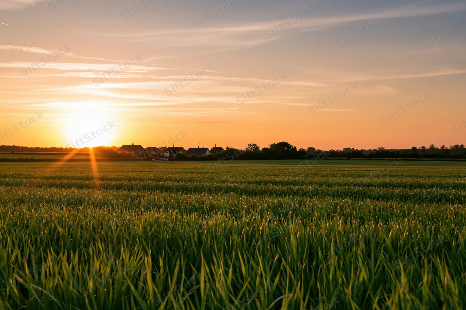 Green crop field stretching to the horizon at sunset