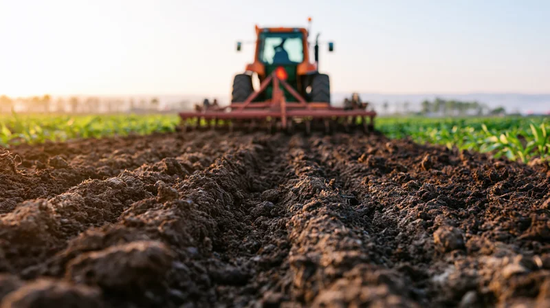 Orange and green tractor pulling a red cultivator across a farm