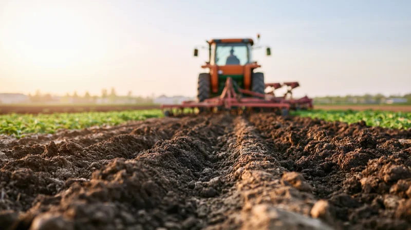 Orange and green tractor pulling red cultivator across tilled field at sunrise