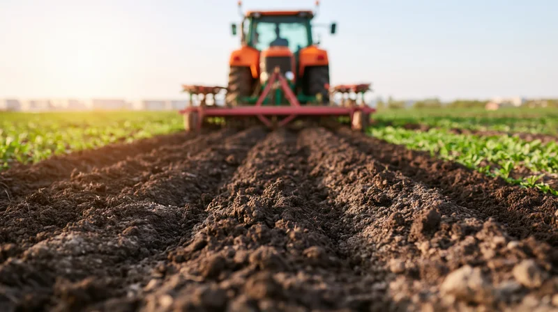 Orange and green tractor pulling red cultivator across tilled field