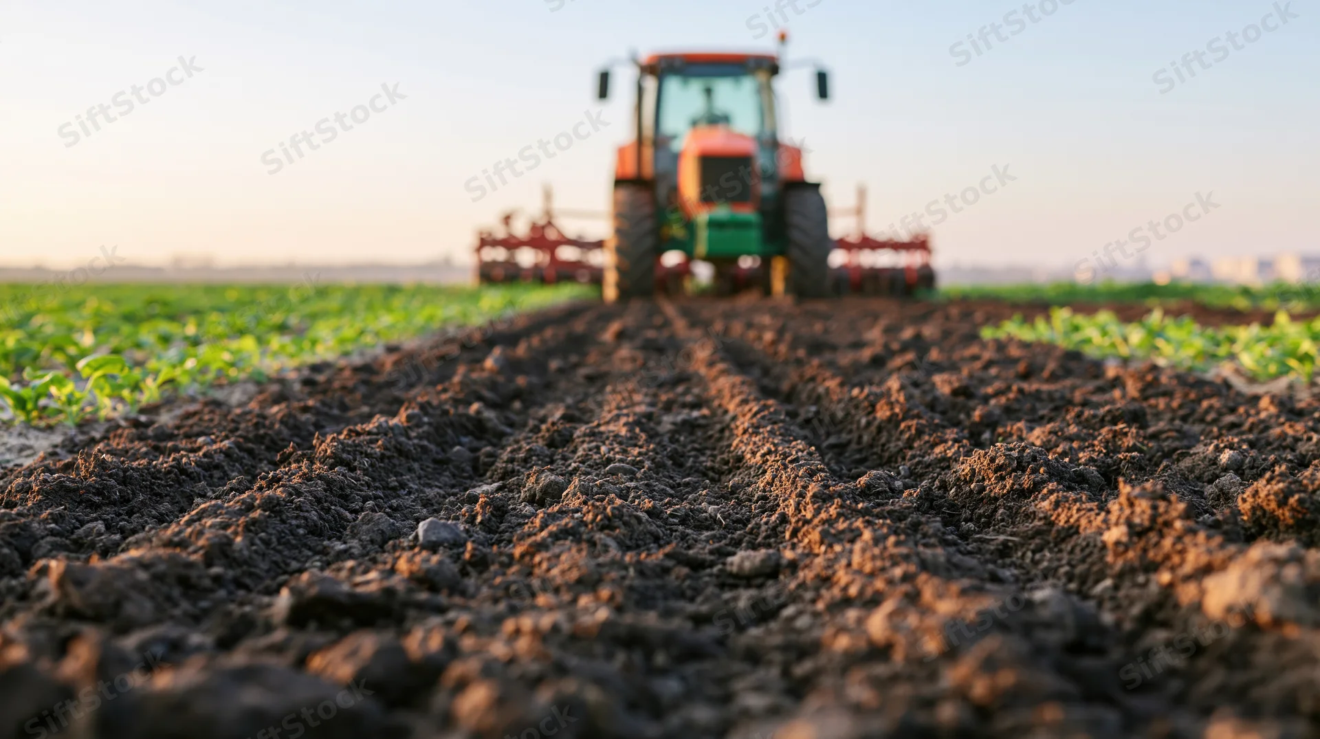Orange-green tractor pulling a red cultivator across farmland
