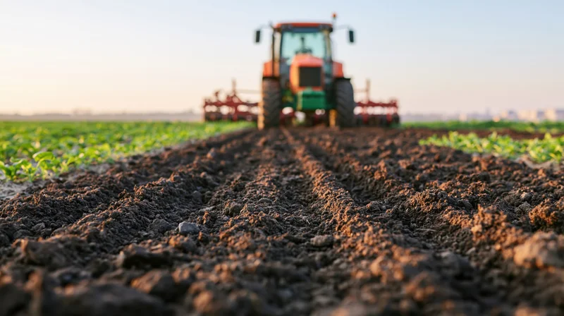 Orange-green tractor pulling a red cultivator across farmland