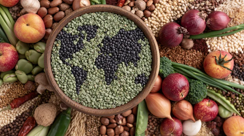 Wooden bowl filled with lentils arranged as a world map surrounded by fresh produce and grains