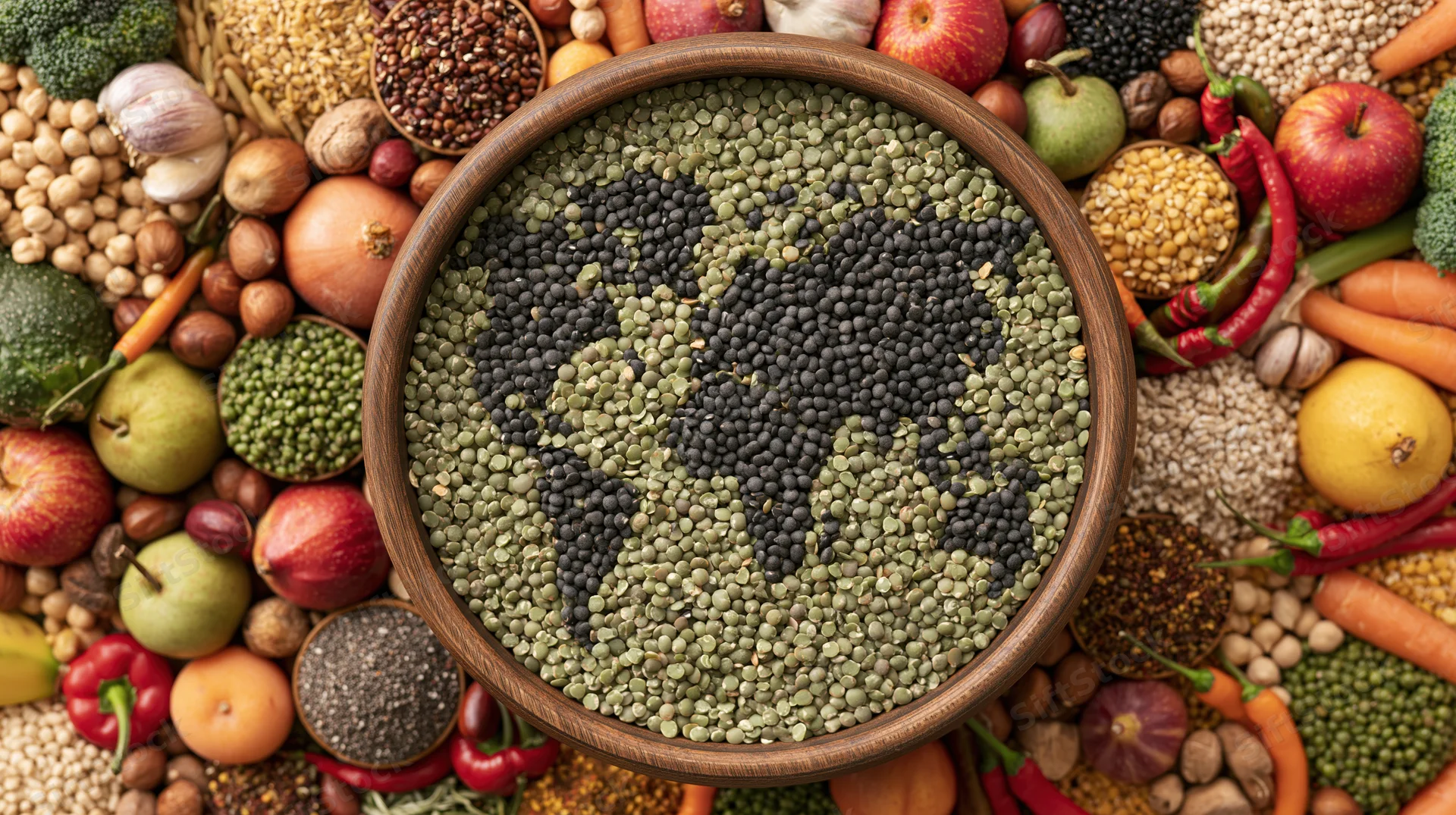 Wooden bowl filled with lentils forming a world map surrounded by assorted fruits vegetables and grains in a flat lay arrangement