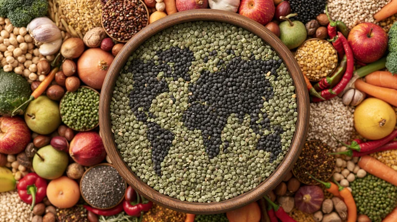 Wooden bowl filled with lentils forming a world map surrounded by assorted fruits vegetables and grains in a flat lay arrangement