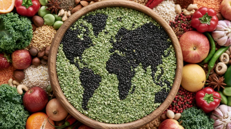 Overhead flat-lay of a wooden bowl containing a world map mosaic