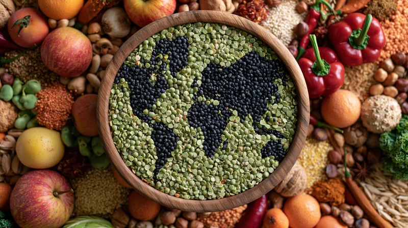 Wooden bowl filled with lentils arranged as a world map surrounded by fresh fruits vegetables nuts and grains in a flat lay overhead view
