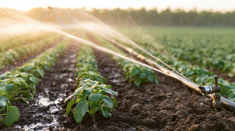 Sprinkler system watering rows of young lettuce plants in a farm field at sunrise