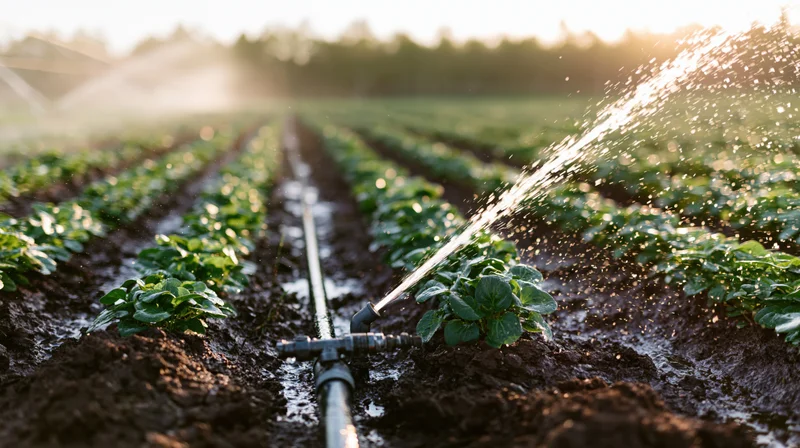 Sprinkler system watering rows of lettuce in a farm field at sunrise