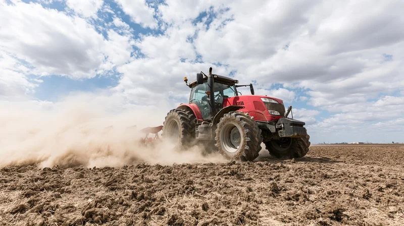 Red tractor plowing a dry field under a cloudy sky