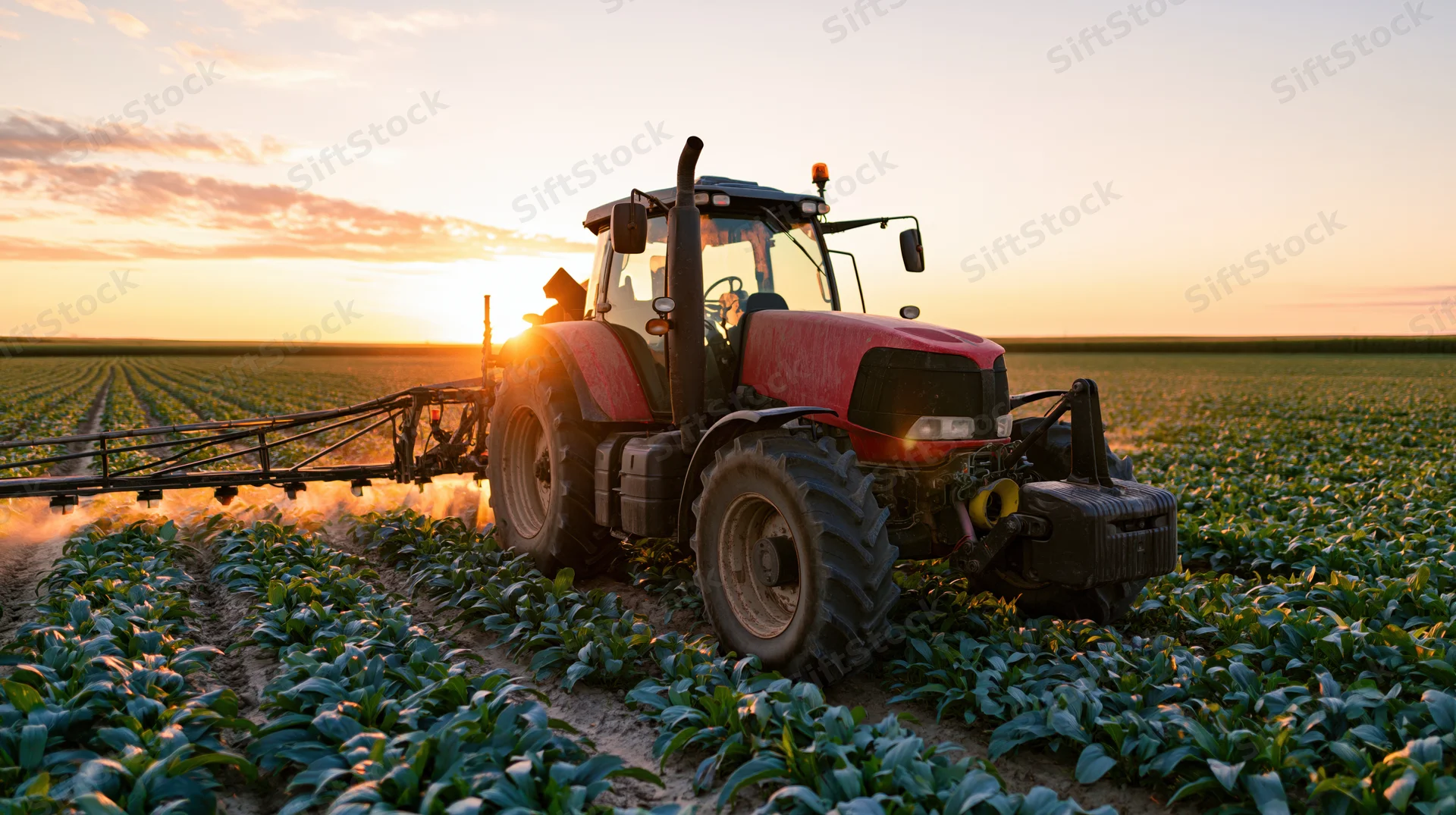 Red and black tractor spraying crops in a field at sunset