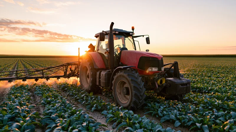 Red and black tractor spraying crops in a field at sunset