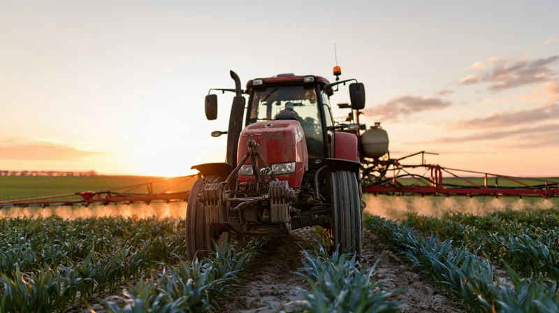 Red tractor with spray boom spraying crops in a field at sunset