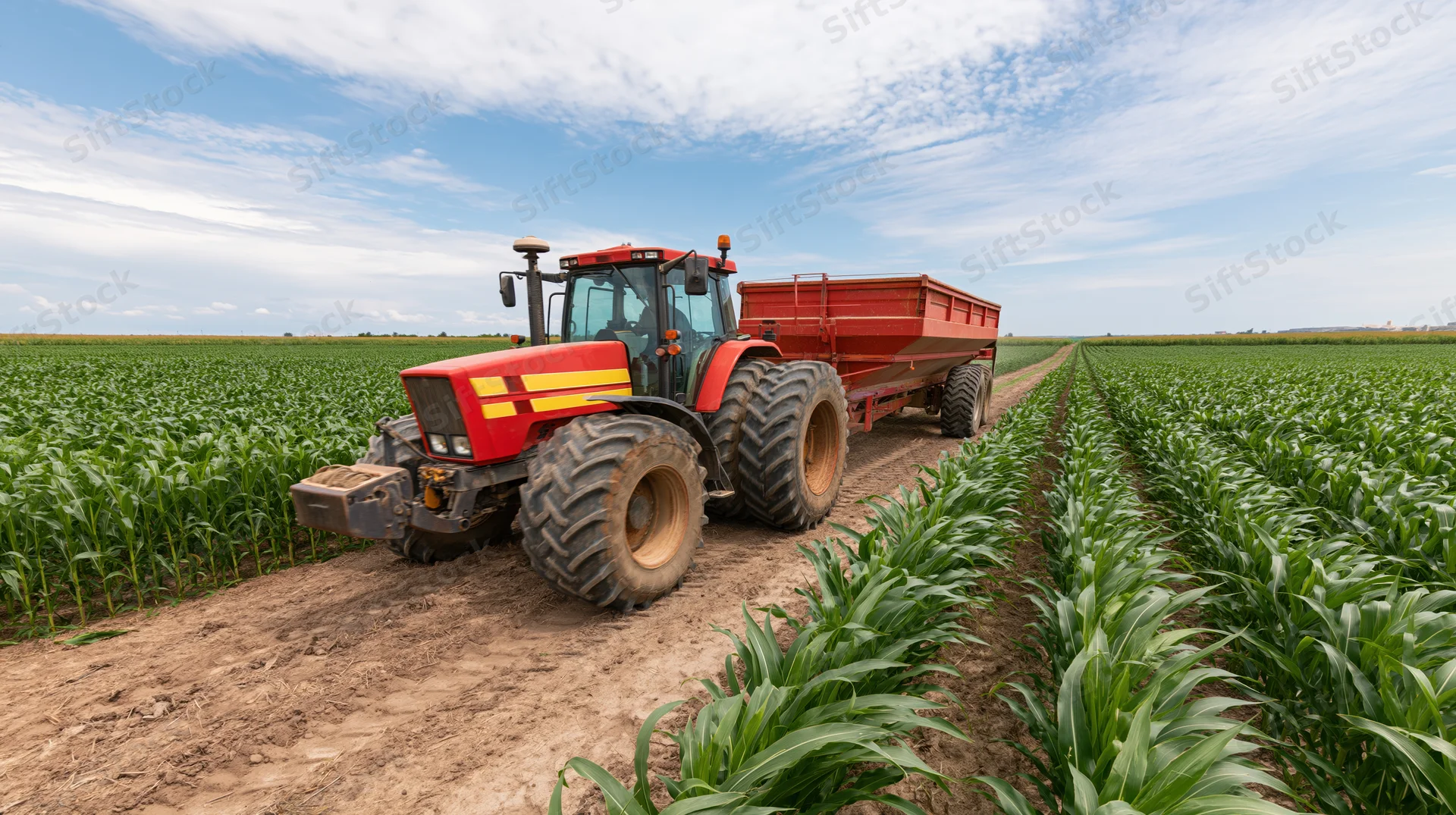 Red and yellow tractor pulling a red grain trailer through a cornfield