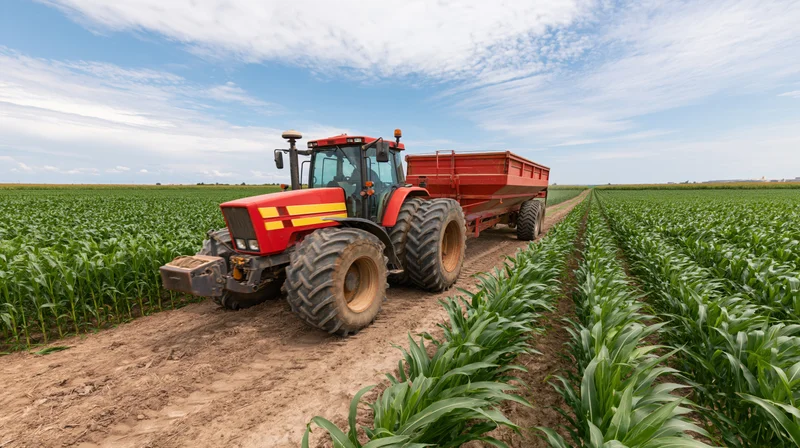 Red and yellow tractor pulling a red grain trailer through a cornfield