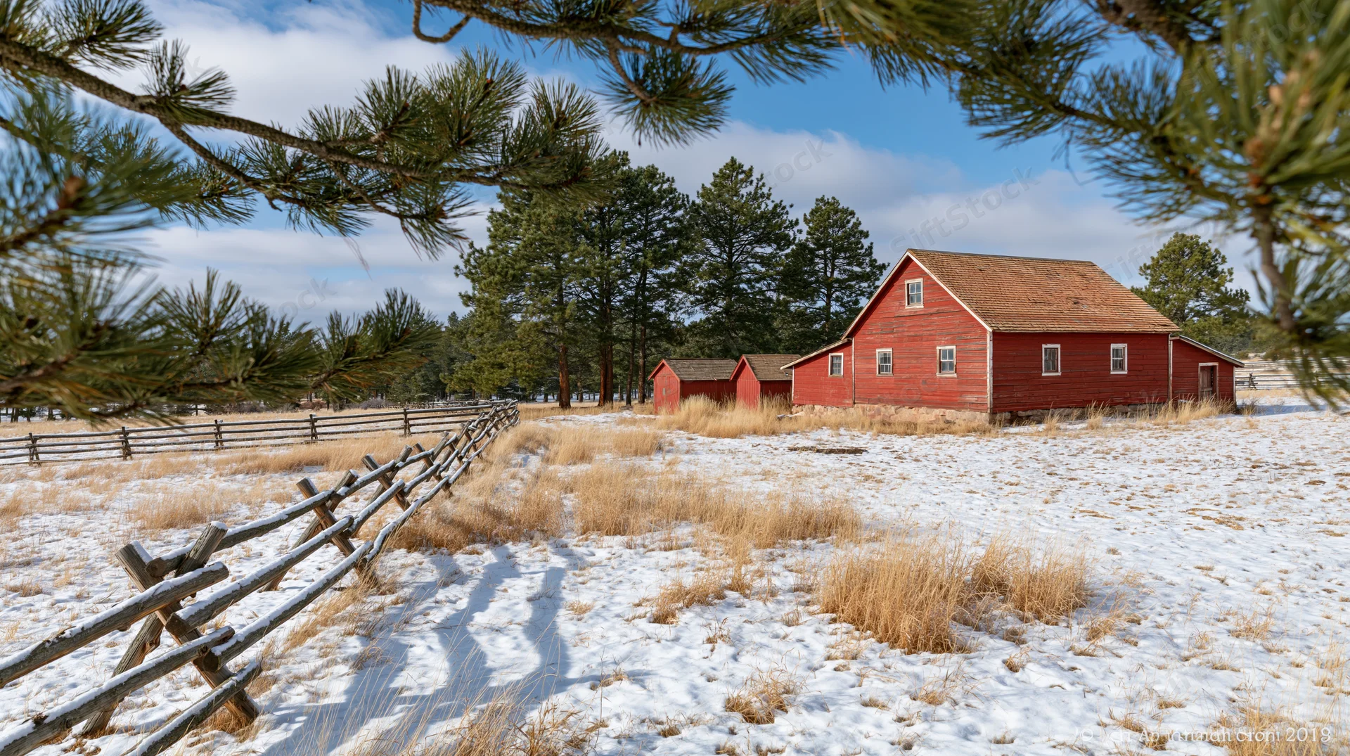 Red barn and small outbuildings in snow-dusted rural field with wooden fence and pine trees