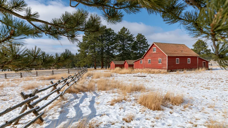 Red barn and small outbuildings in snow-dusted rural field with wooden fence and pine trees